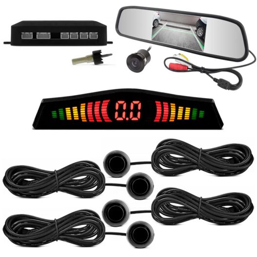 KIT SENSOR DE RÉ CONECTOR WP RETROVISOR 4'3 DISP CAMERA BORBOLETA 18,5MM 4 PONTOS 18,5MM PRETO